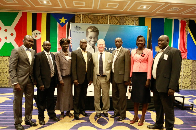 High Commissioner HE Geoff Tooth (centre), Ambassador Isaac Chinkok Kenti (third from right) and Australia Awards recipients from South Sudan