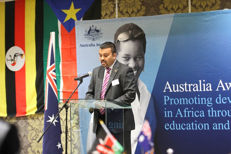Mr Mahul Shaah, Chairman of the Kenya Australia Alumni Association gives a speech during the reception